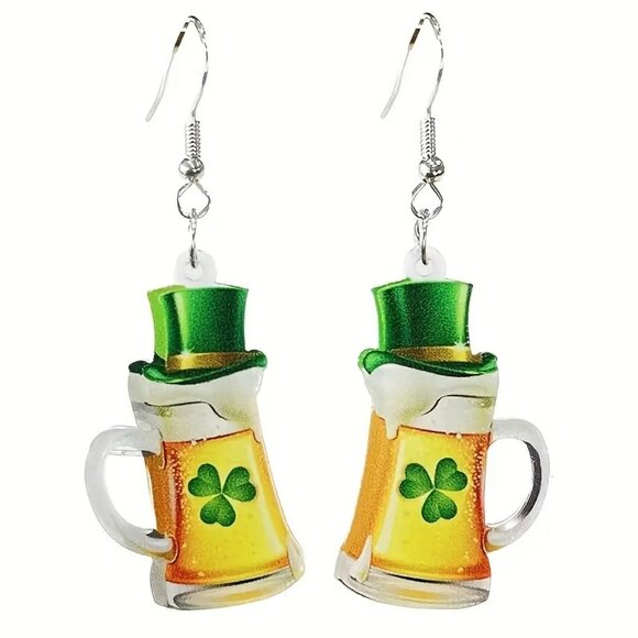 St Patricks Day Earrings Beer Shamrock Leprechaun Hat Dangle Hooks Parad… - Picture 6 of 9